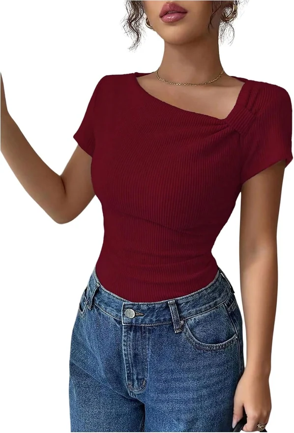 Short Sleeve Ribbed Tops Asymmetrical Neck Fitted Ruched Dressy by OYOANGLE