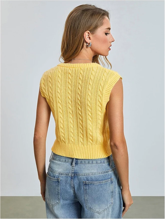 Sweater Vest Button Split Hem Cable Knit Sleeveless Crop by OYOANGLE, photograph 2 of 4