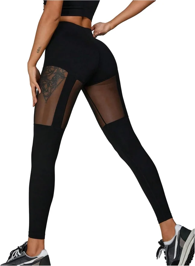 Sexy Mesh Hollow-Out Breathable High Waist Leggings Black by OYOANGLE