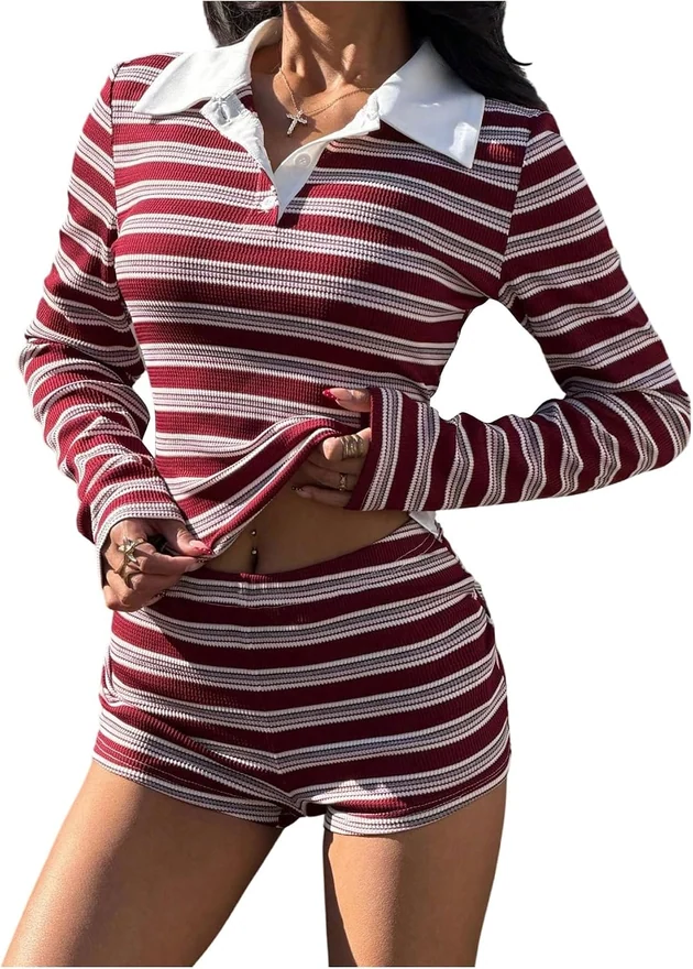 Outfits 2 Piece Striped Long Sleeve Top and Shorts Fall Wear by OYOANGLE