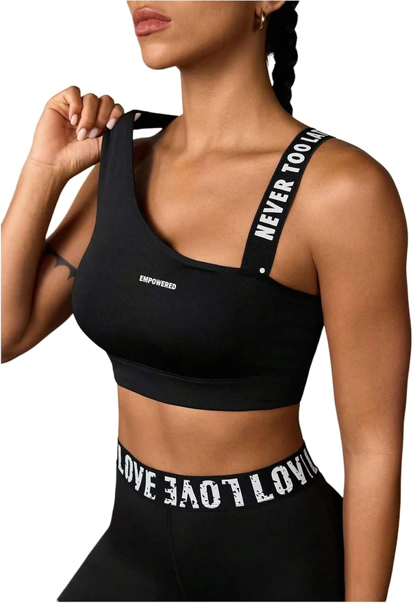 Letter Print Sports Bra Asymmetrical Neck Cut Out Medium Support by OYOANGLE