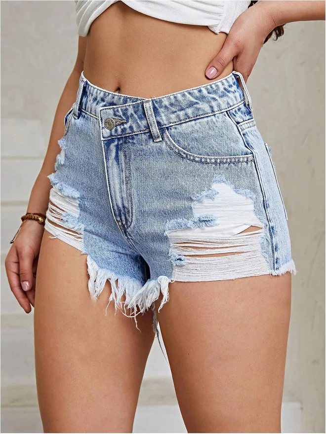 Casual Ripped Jean Shorts Distressed Denim Shorts by OYOANGLE, photograph 2 of 4