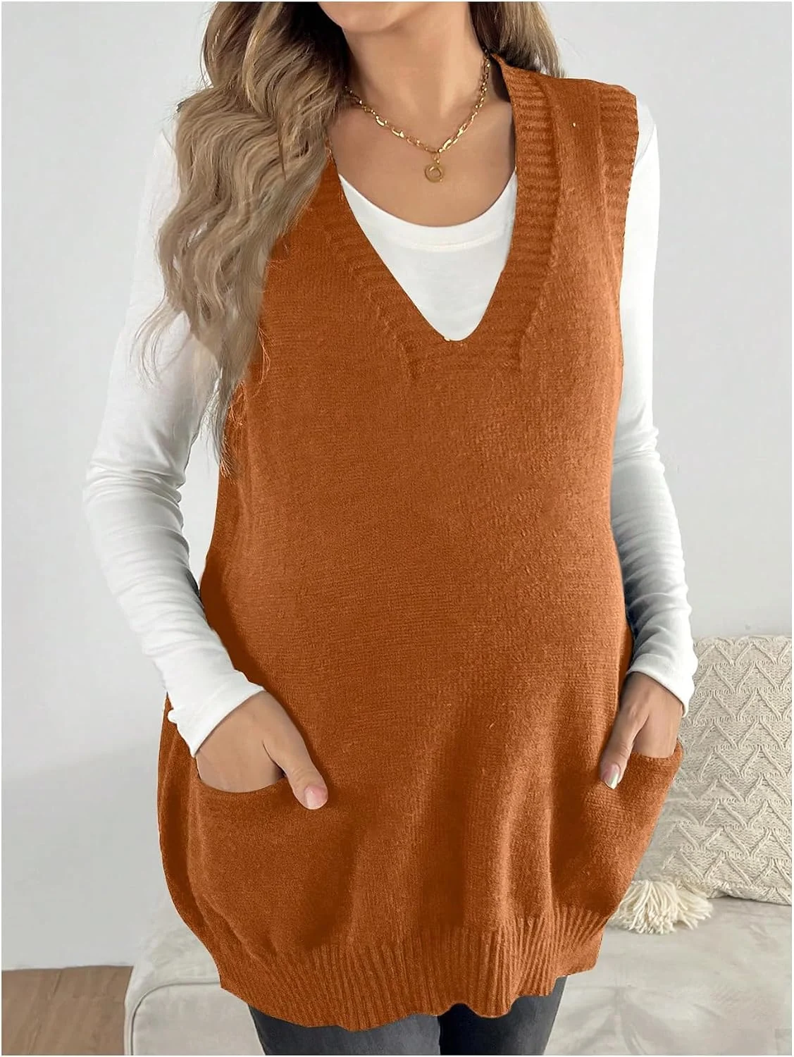 Maternity V Neck Sweater Vest Pregnancy Sleeveless Pullover by OYOANGLE, photograph 1 of 3