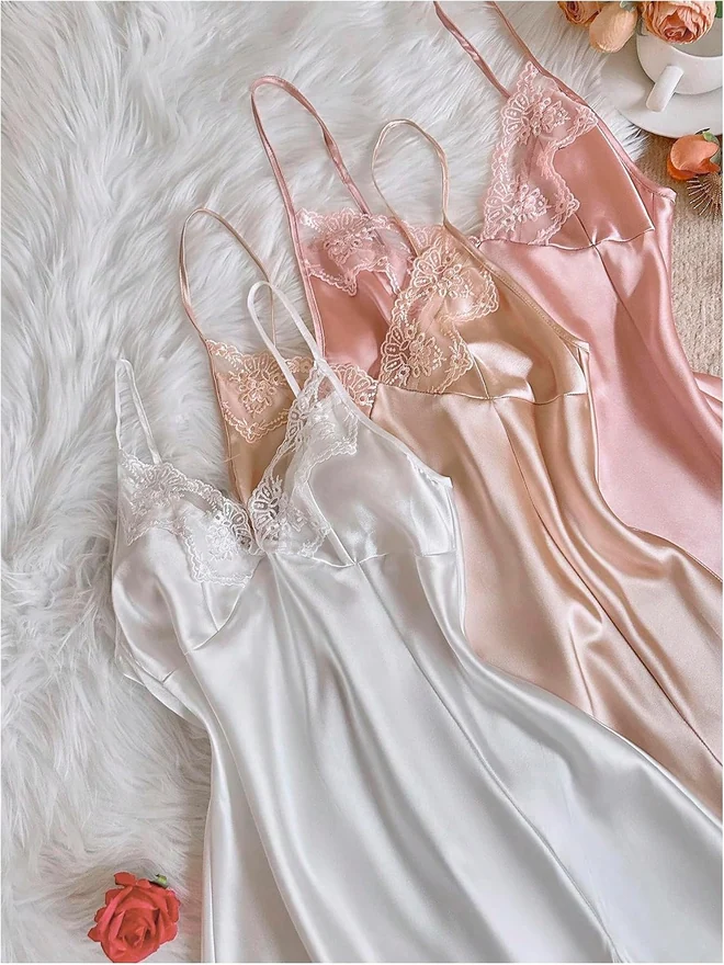 3 Pack Lace Trim Satin Nightgowns Lace Trim Spaghetti Strap V by OYOANGLE, photograph 4 of 4