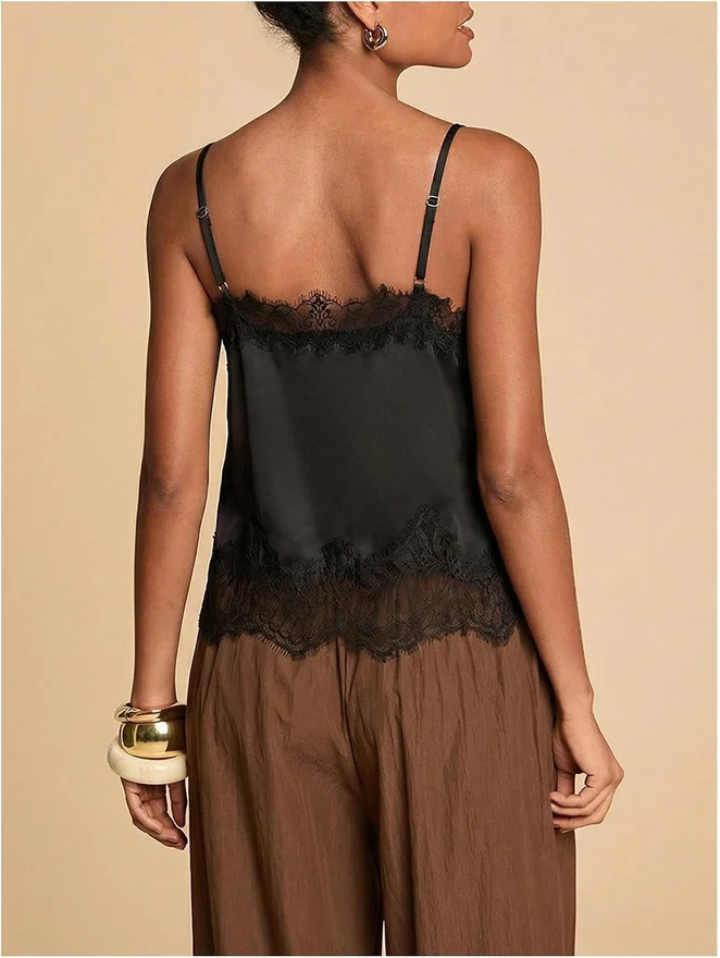 Y2K Satin Lace Trim Cami Top Summer Going Out Tank Tops by OYOANGLE, photograph 3 of 4