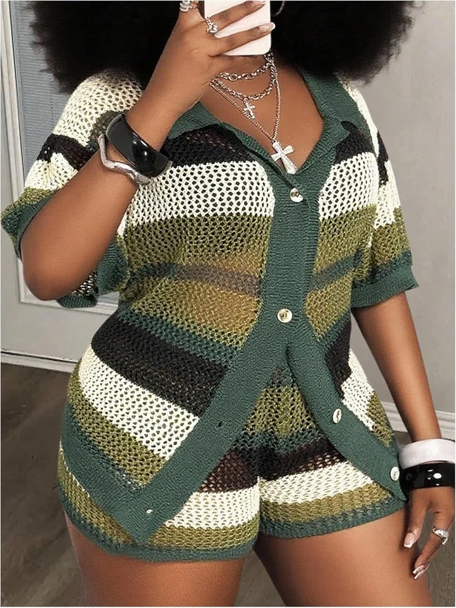 Plus Size Crochet Shorts Set Colorblock Striped Outfits by OYOANGLE, photograph 4 of 4