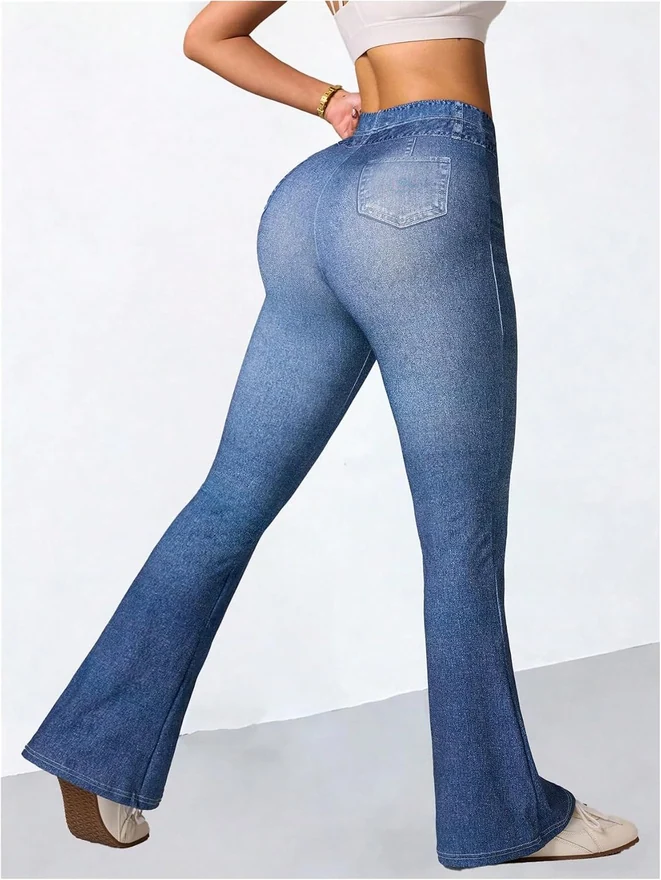 Flare Pants Mid Rise Stretchy Bell Bottom Trousers Blue by OYOANGLE