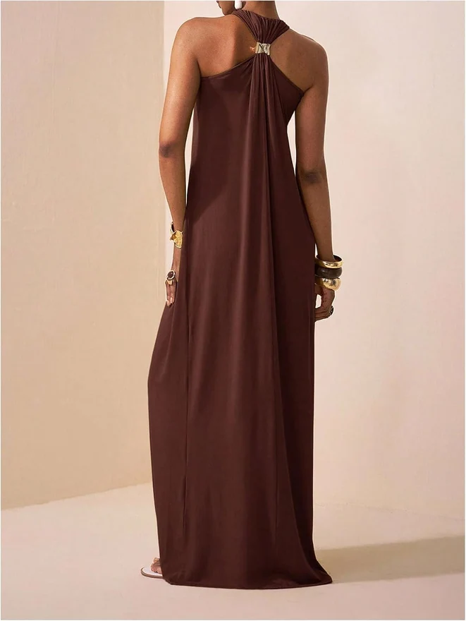 Twist Halter Maxi Dress Sleeveless Wedding Guest Dress by OYOANGLE, photograph 2 of 3