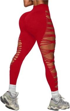 Y2k Ripped High Waist Seamless Leggings Black in Red