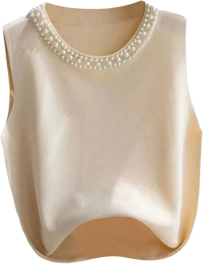 Plus Size Pearl Beaded Sweater Vest Apricot by OYOANGLE
