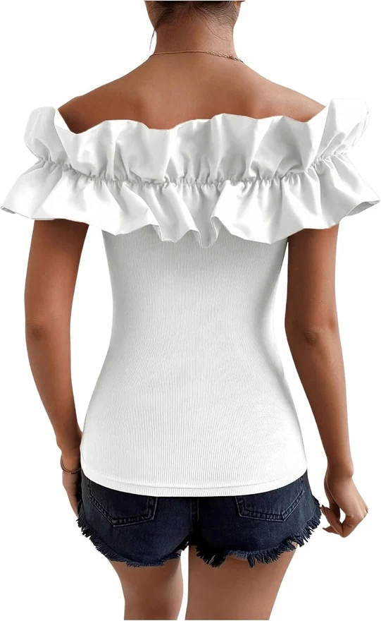 Ruffle Trim Off Shoulder Short Sleeve Blouse Tops Shirt by OYOANGLE, photograph 2 of 4