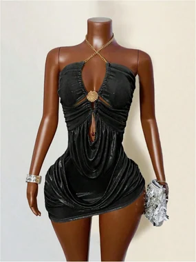 Glitter Criss Cross Halter Mini Bodycon Party Cami Dress in Black