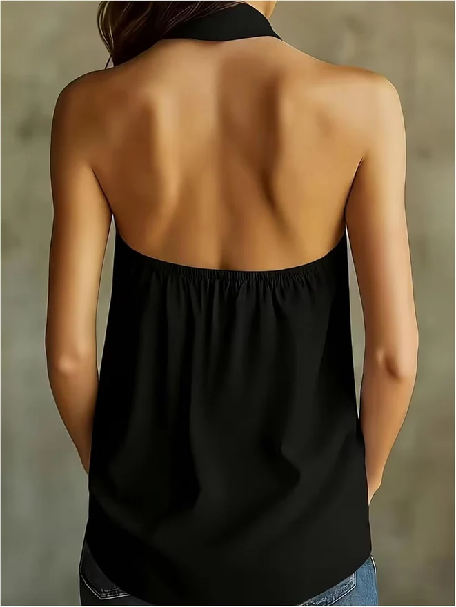 Sleeveless Cowl Neck Backless Dressy Halter Blouse Black by OYOANGLE, photograph 2 of 4