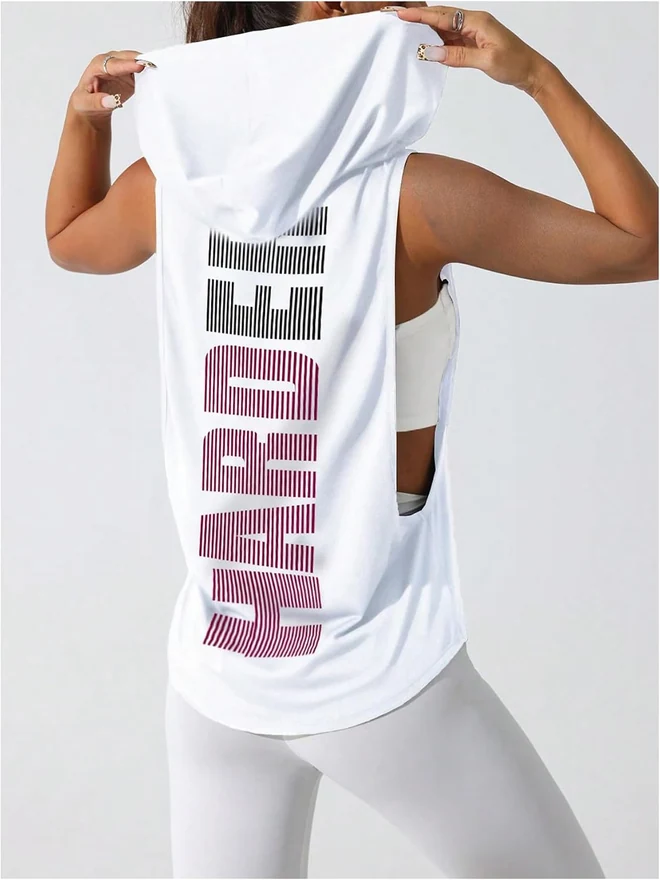 Workout Top Hooded Tank Graphic Print Gym Yoga Shirt White by OYOANGLE, photograph 3 of 3
