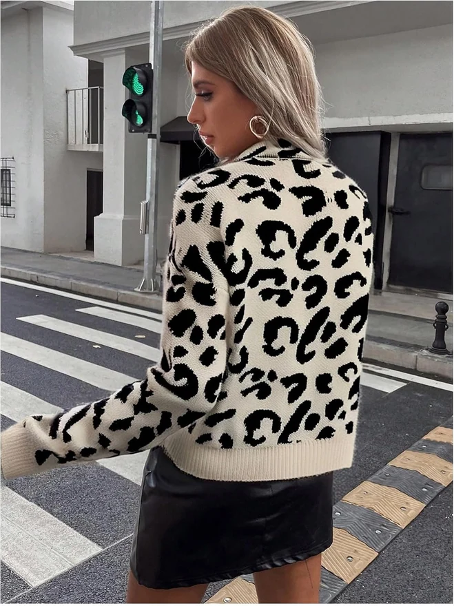 Leopard Print Sweater Mock Neck Long Sleeve Pullover Tops by OYOANGLE