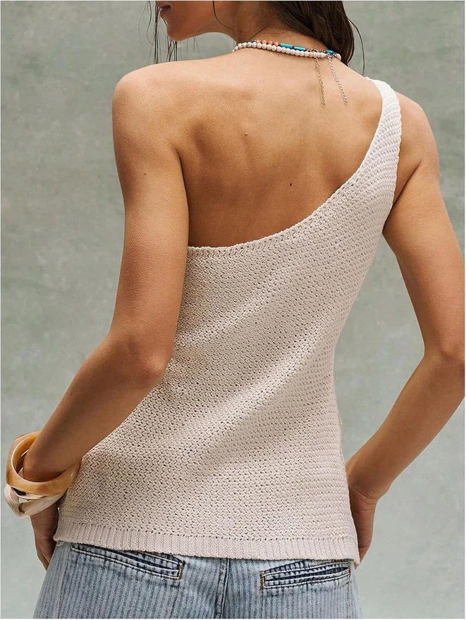 Crochet One Shoulder Sweater Vest 3D Floral Asymmetrical Knit by OYOANGLE, photograph 3 of 4
