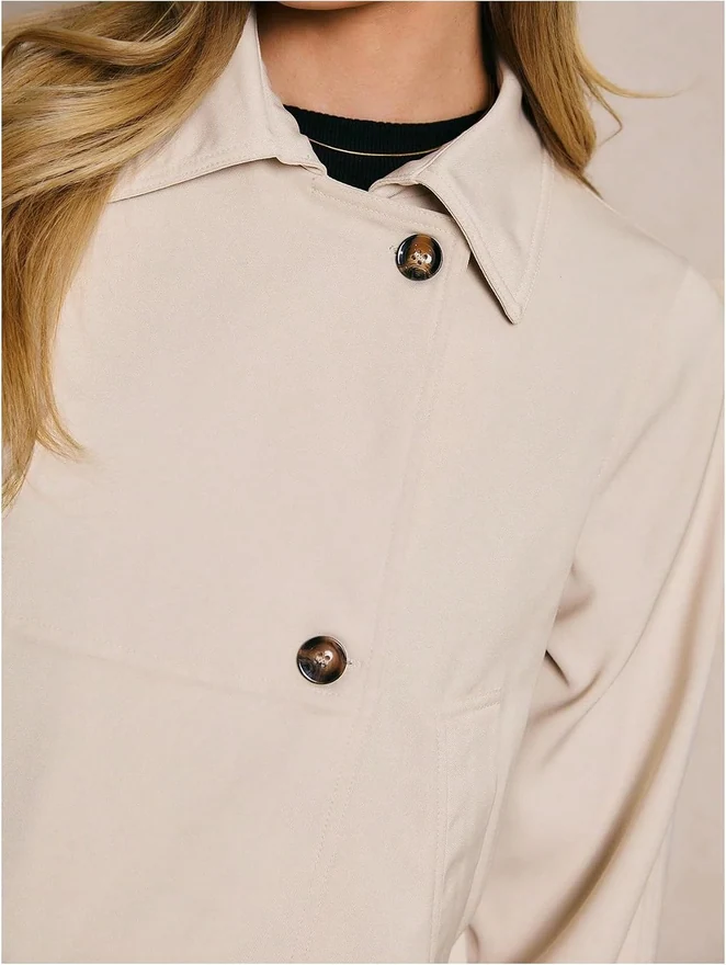 Cropped Trench Coat Long Sleeve Collared Jacket by OYOANGLE, photograph 3 of 3