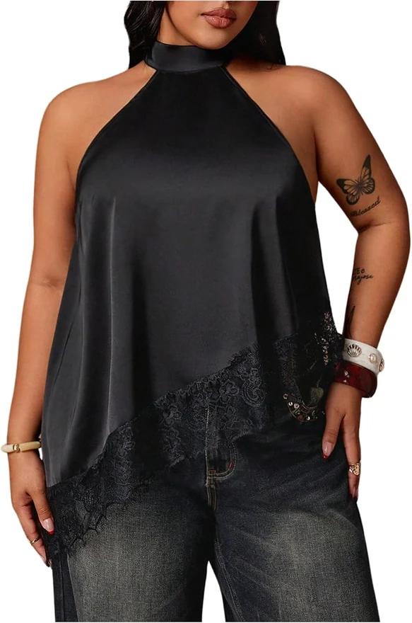 Plus Size Halter Top Lace Asymmetrical Going Out Tank Top by OYOANGLE