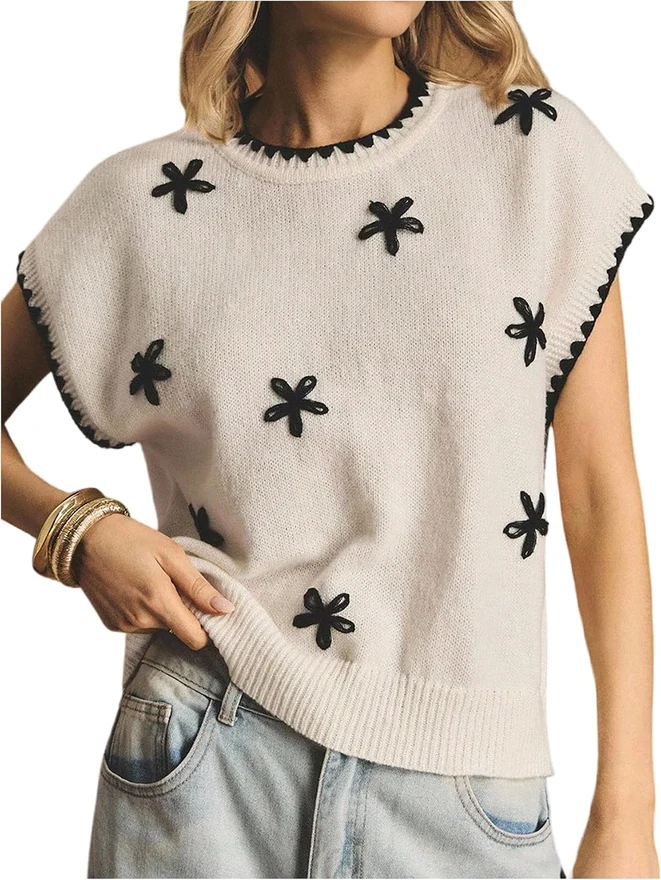 Floral Short Sleeve Sweater Top Pullover Sweater Vest by OYOANGLE