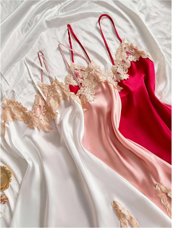 3 Pack Satin Nightgowns Lace Trim Spaghetti Strap Slit Hem Short by OYOANGLE, photograph 2 of 4