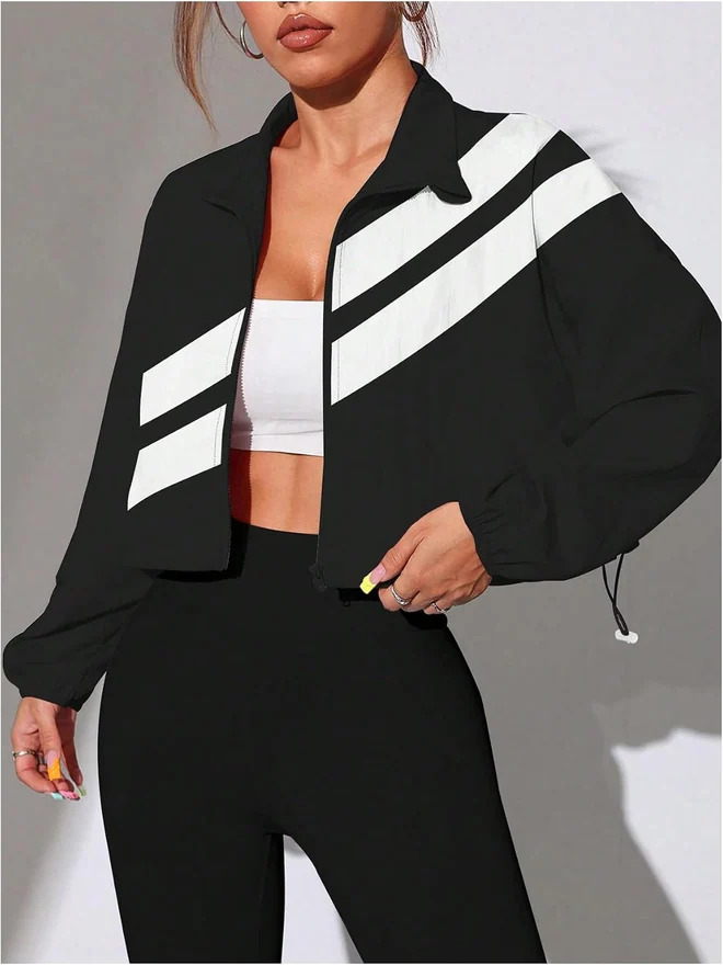 Zip Up Cropped Running Jackets Color Block Drawstring Sports by OYOANGLE, photograph 2 of 4