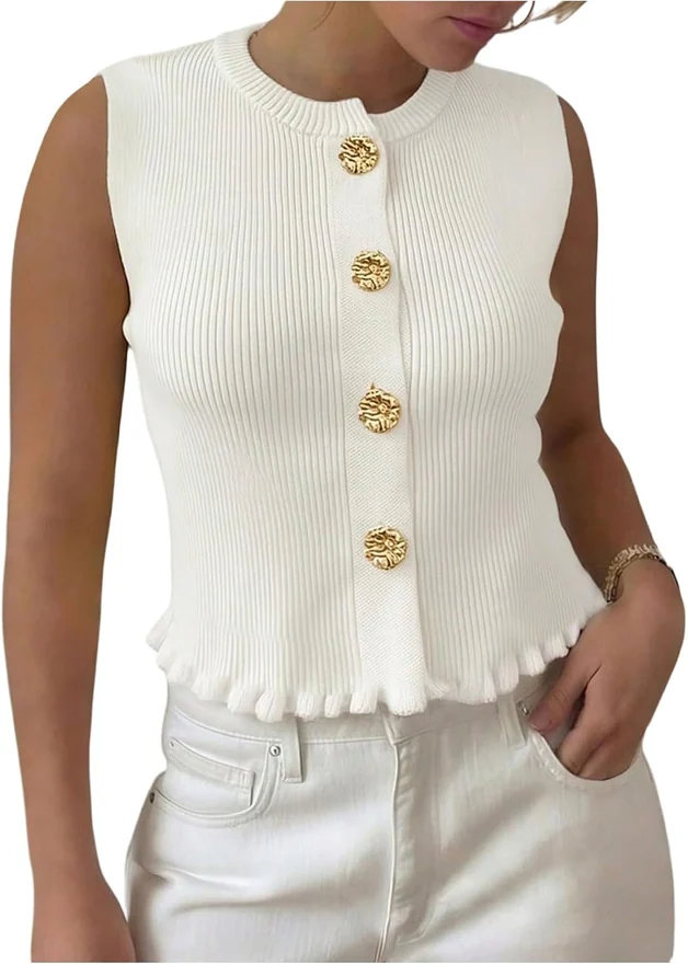 Button Up Sweater Vest Tank Top Sleeveless Cardigan White by OYOANGLE