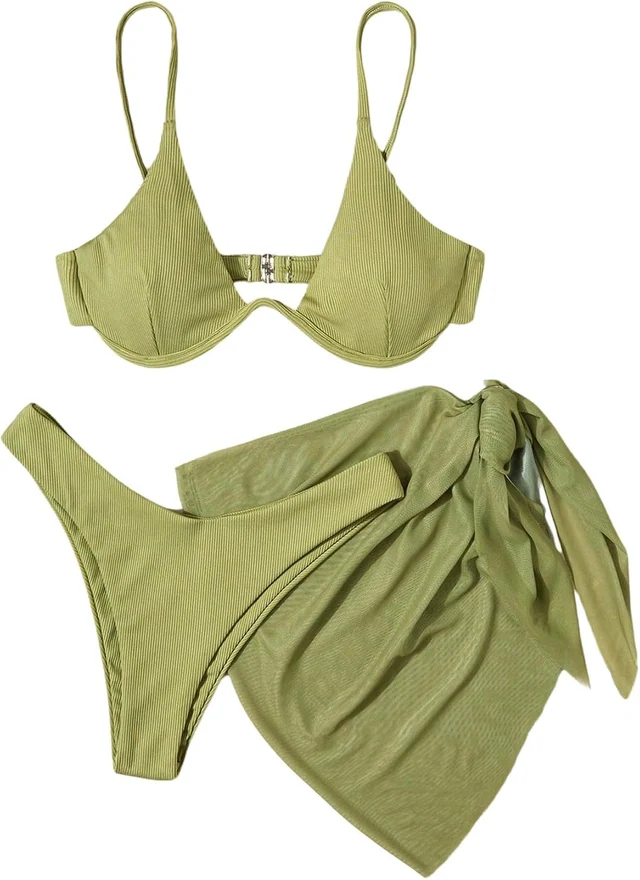 3 Piece Ribbed Bikini Set Underwire Triangle Swimsuit by OYOANGLE