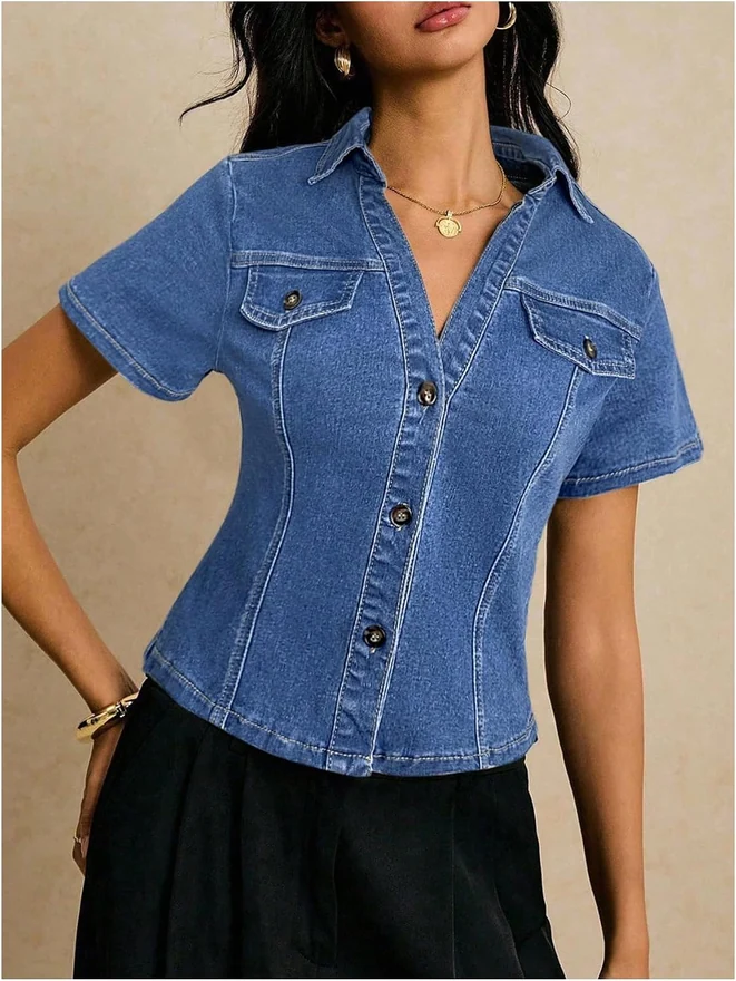 Summer Short Sleeve Button Down Denim Jackets Top Blouse by OYOANGLE, photograph 4 of 4