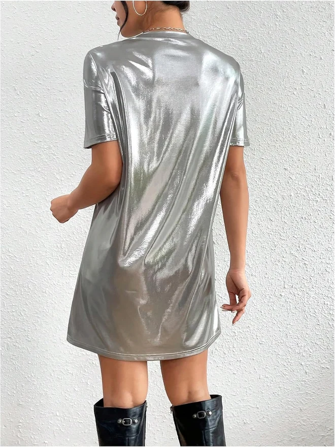Metallic Tee Dress Crewneck Short Sleeve Tunic Club Dress by OYOANGLE