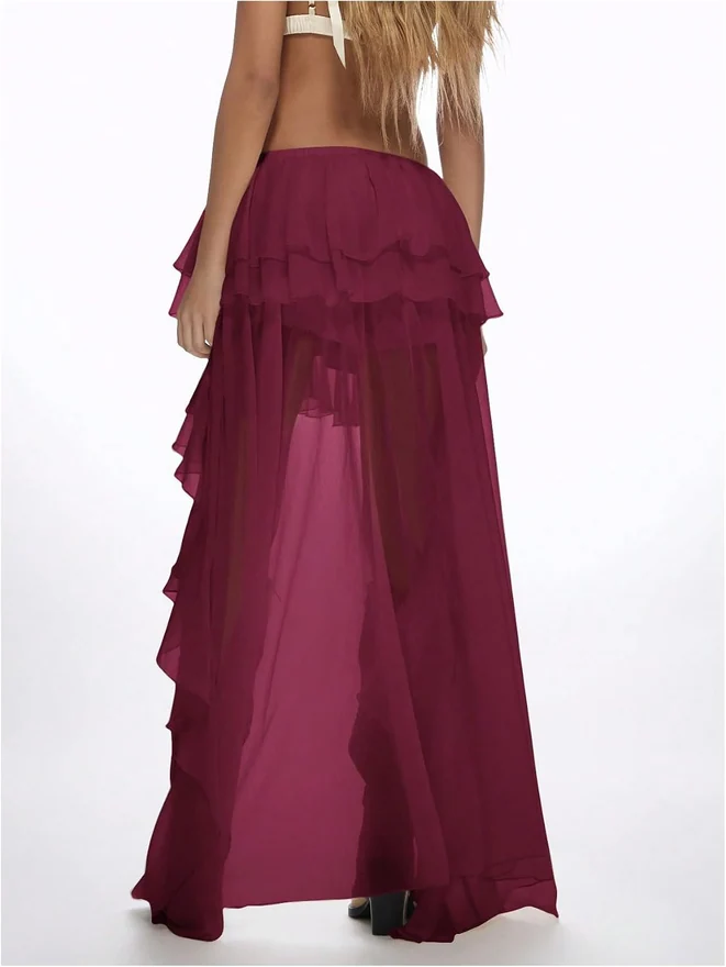 Boho Layered Ruffle Chiffon Y2K Elastic Cowgirl Maxi Skirt by OYOANGLE
