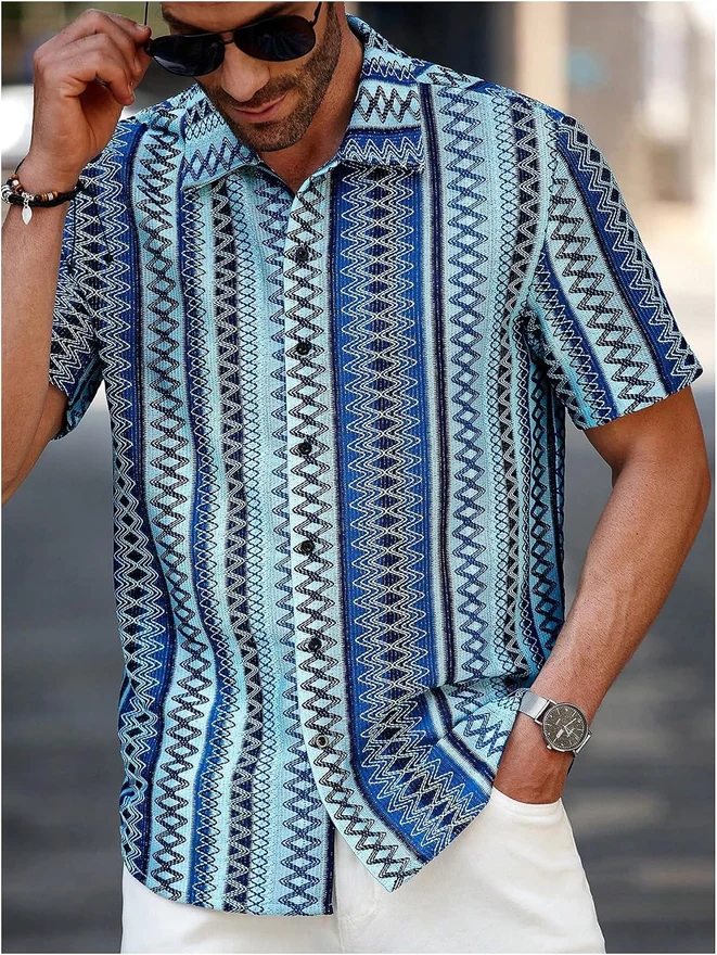 Textured Jacquard Button Down Shirts Tropical Beach Shirt by OYOANGLE, photograph 2 of 4