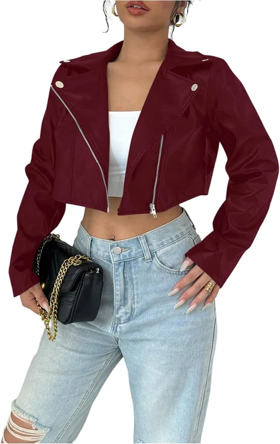 PU Leather Cropped Jacket Zip Up Motorcycle Jackets Coat by OYOANGLE