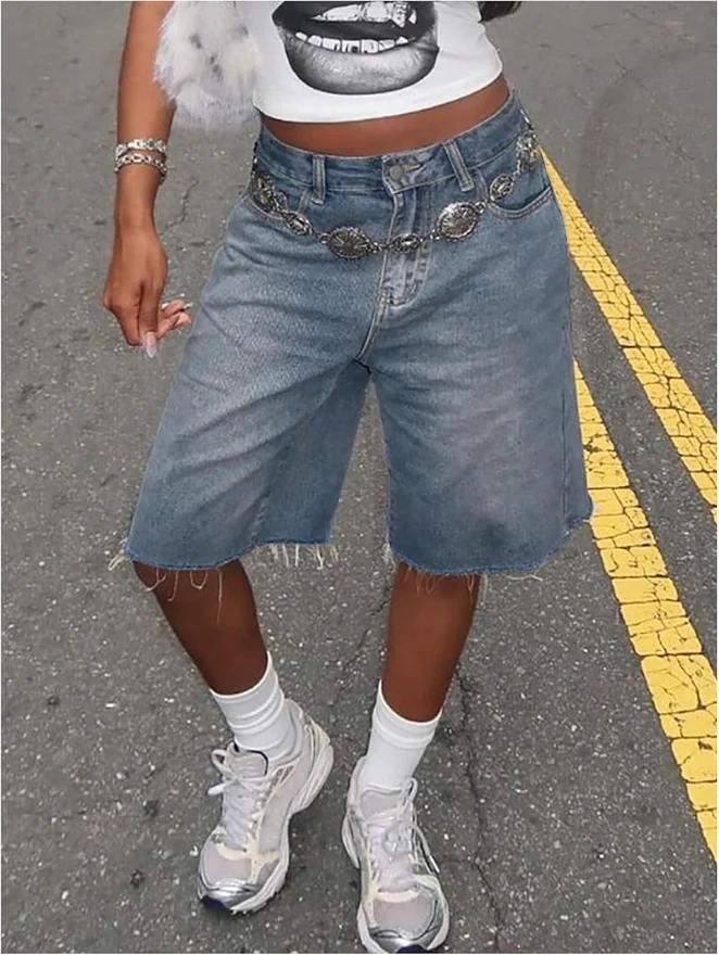 Y2k Baggy Jean Jorts Frayed Hem Bermuda Denim Shorts by OYOANGLE, photograph 3 of 3