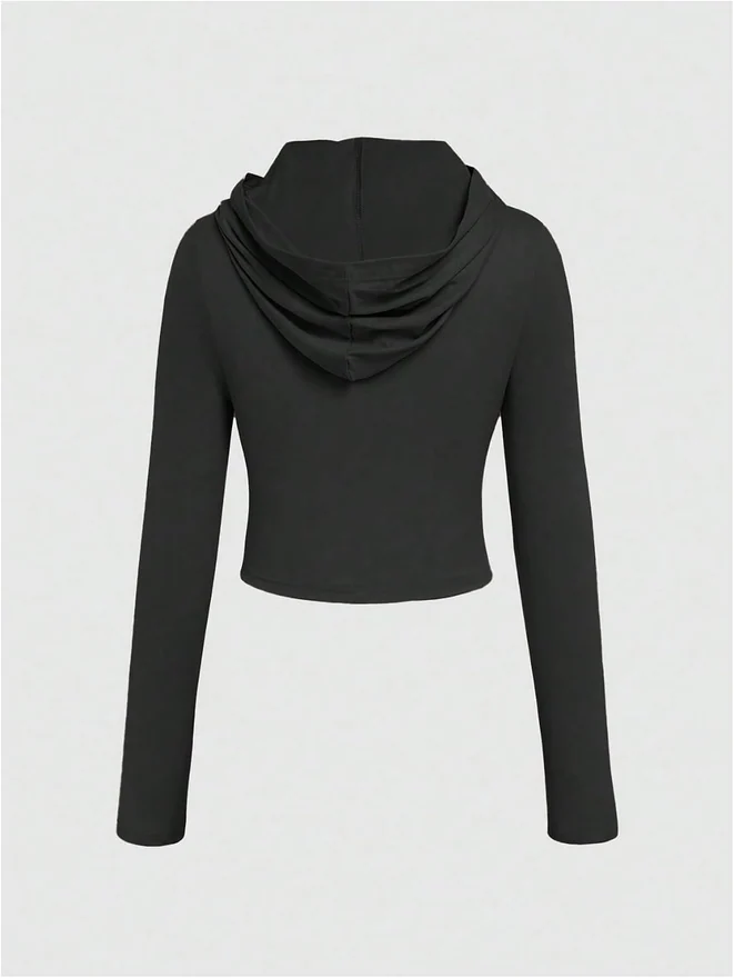 Y2 Hooded T Shirts Long Sleeve Ruched Rave Grunge Cropped Tops by OYOANGLE, photograph 3 of 3