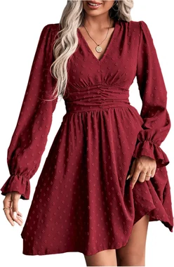 Long Sleeve Swiss Dots Ruffle Short Dresses Dark Blue in Red