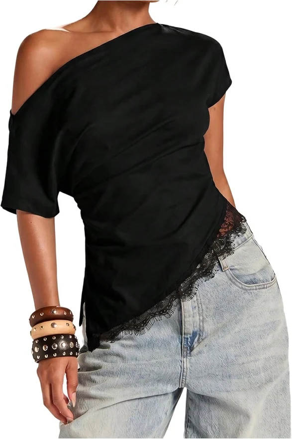 Off The Shoulder Top Lace Asymmetrical Y2K Going Out Top Tee by OYOANGLE