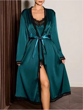 2 Piece Silky Satin Nightgown Spaghetti Strap Lace Slip Dress in Dark Green