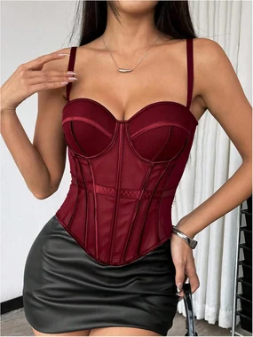 Bustier Corset Top See Through Mesh Boned Cami Tops Brown in Burgundy