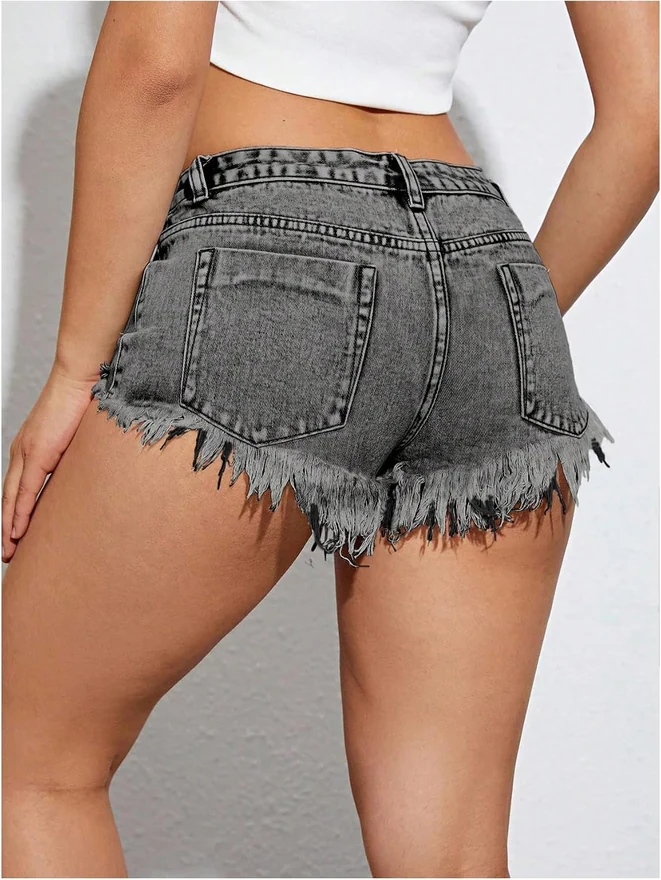 Low Rise Denim Shorts Y2K Frayed Raw Hem Distressed Jean Shorts by OYOANGLE, photograph 3 of 4