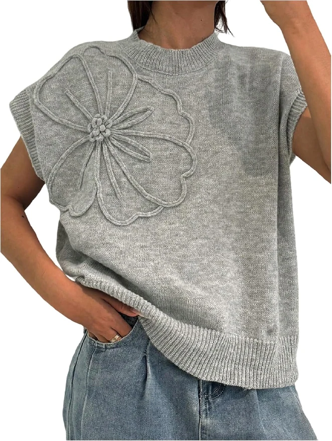 Plus Size 3D Floral Short Sleeve Sweater Pullover Knit Top by OYOANGLE