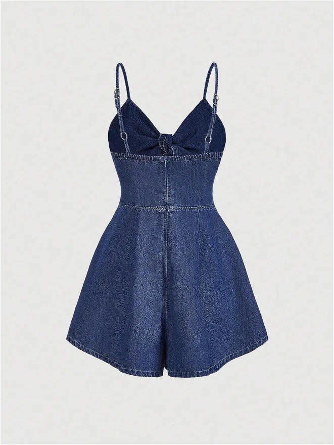 Vintage Bowknot Spaghetti Strap Denim Romper Jean Dress by OYOANGLE, photograph 2 of 4