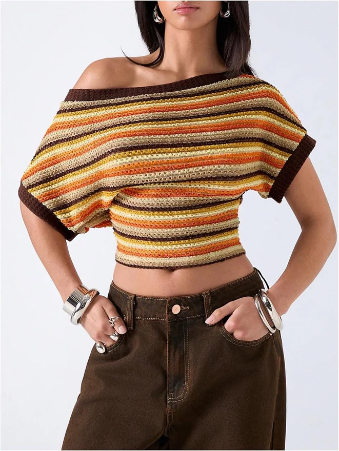 Off The Shoulder Tops Striped Cinched Waist Going Out Top by OYOANGLE, photograph 2 of 4