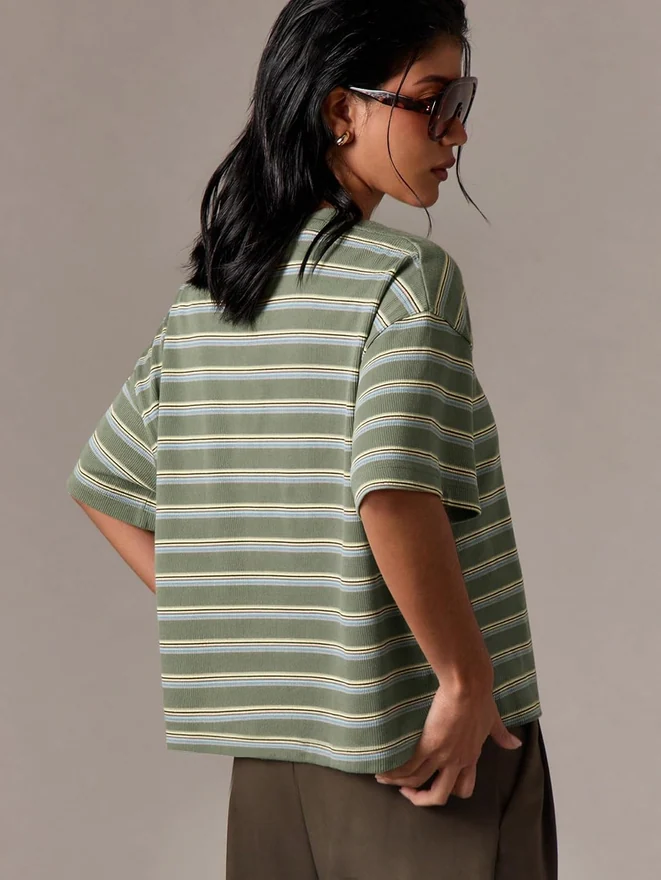 Oversized Striped T Shirts Ribbed Knit Y2k Going Out Tops by OYOANGLE, photograph 2 of 4