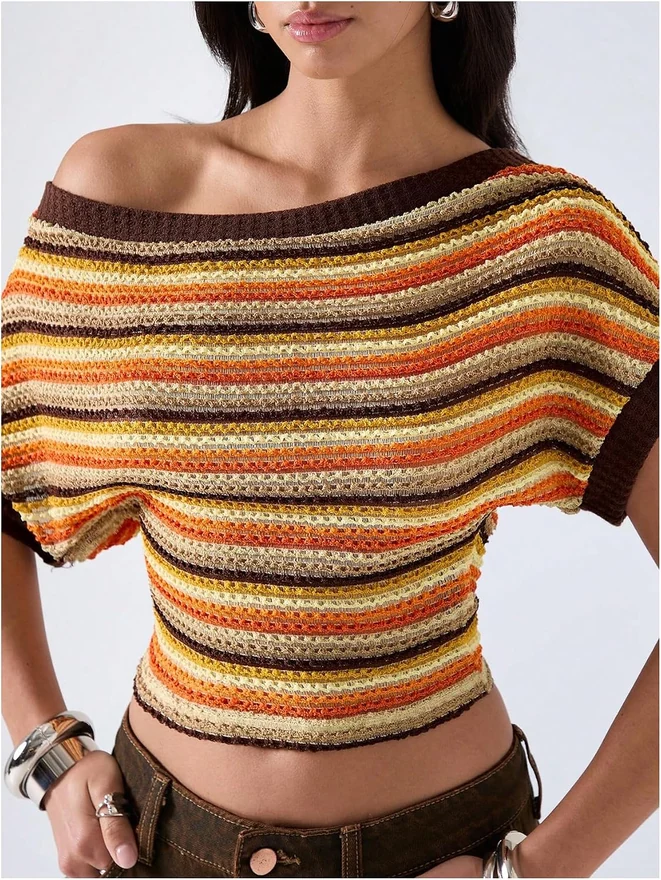Off The Shoulder Tops Striped Cinched Waist Going Out Top by OYOANGLE, photograph 4 of 4