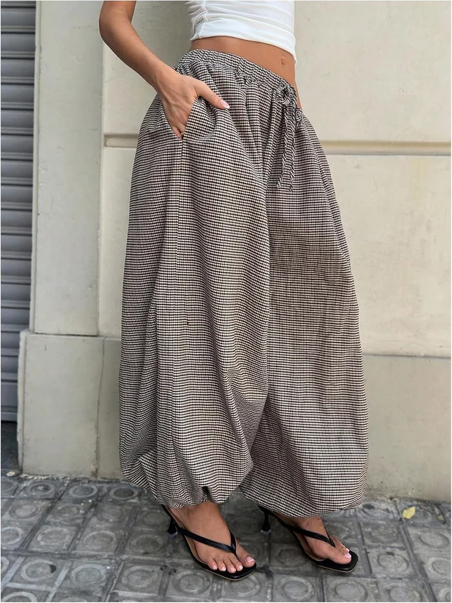 Gingham Drawstring Waist Harem Pants Light Brown by OYOANGLE