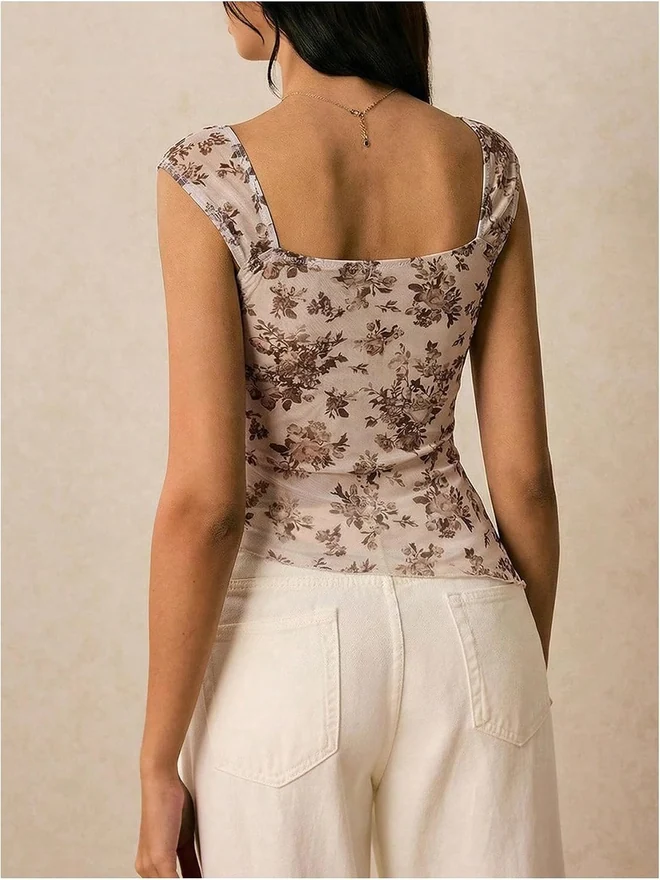 Floral Print Tie Front Tank Top Square Neck Asymmetrical Hem by OYOANGLE, photograph 3 of 4