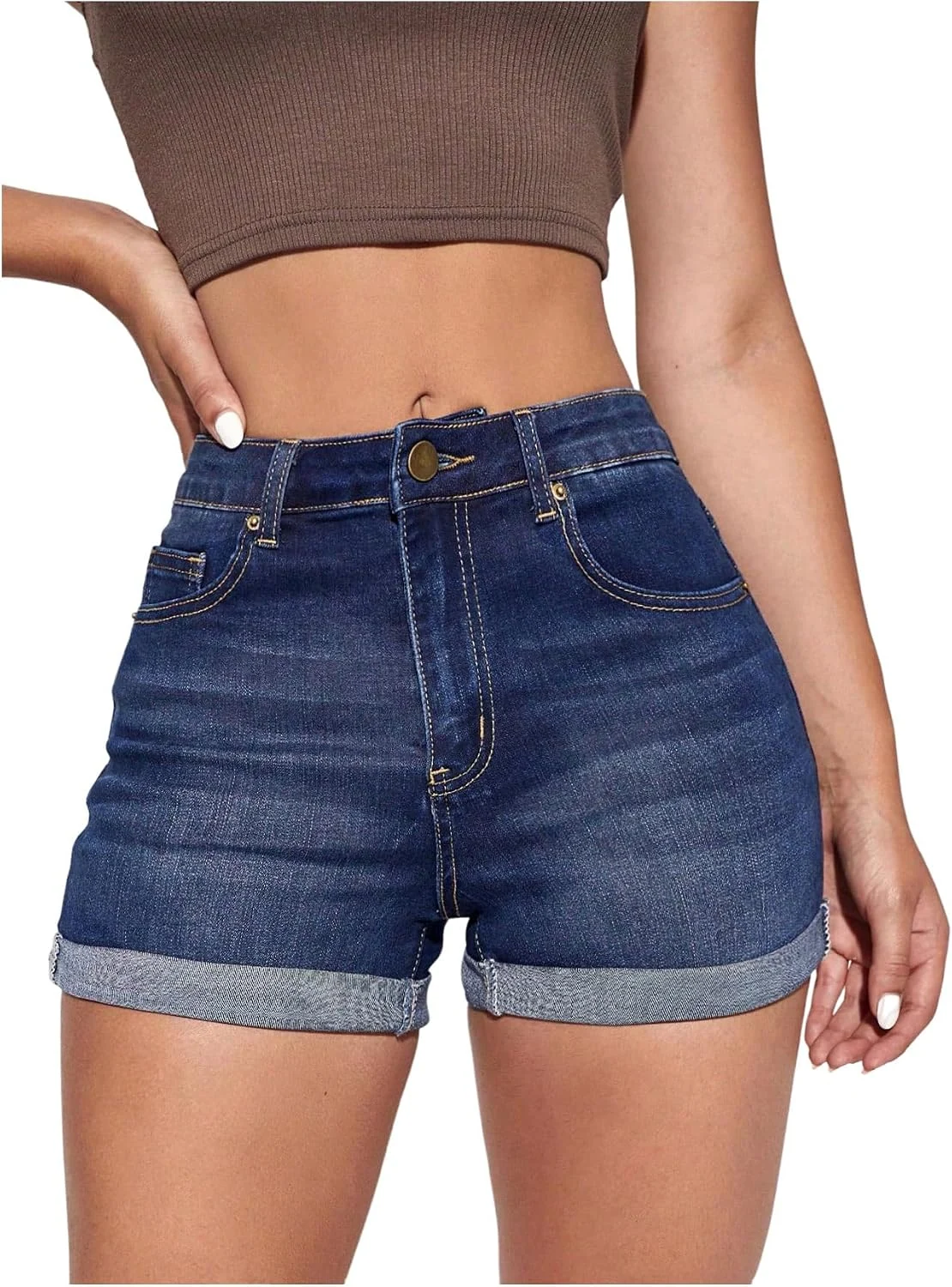 Denim Shorts Cuffed Hem Stretchy Mid Rise Jean Shorts by OYOANGLE, photograph 1 of 4