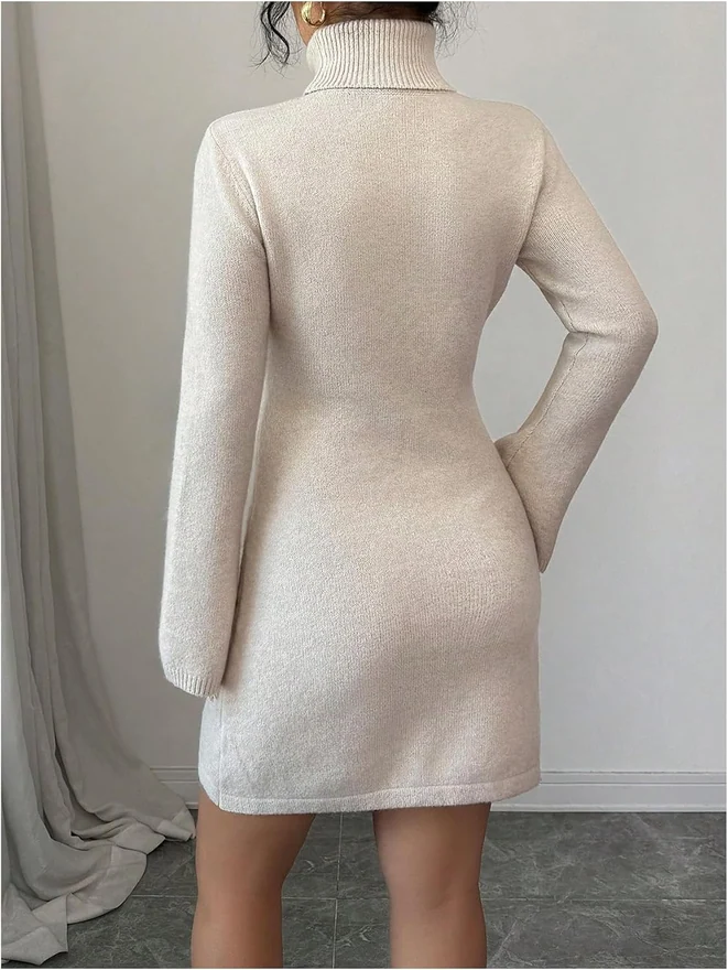 3D Floral Bell Long Sleeve Sweater High Neck Mini Dresses by OYOANGLE, photograph 2 of 4
