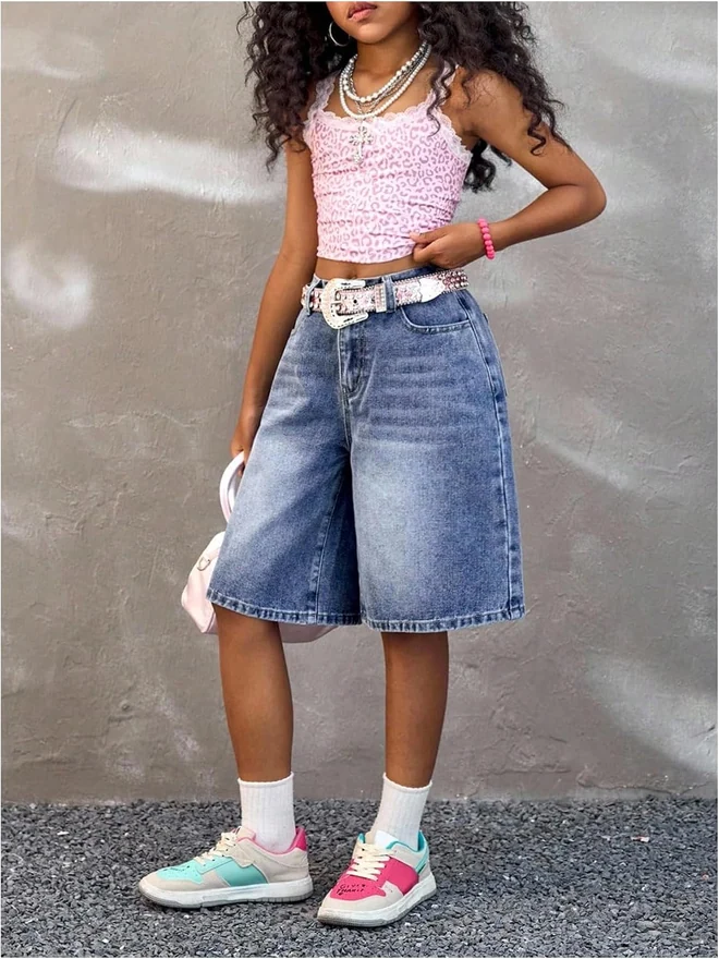 Girl's Baggy Jorts Elastic Waist Wide Leg Bermuda Denim Shorts by OYOANGLE, photograph 3 of 3