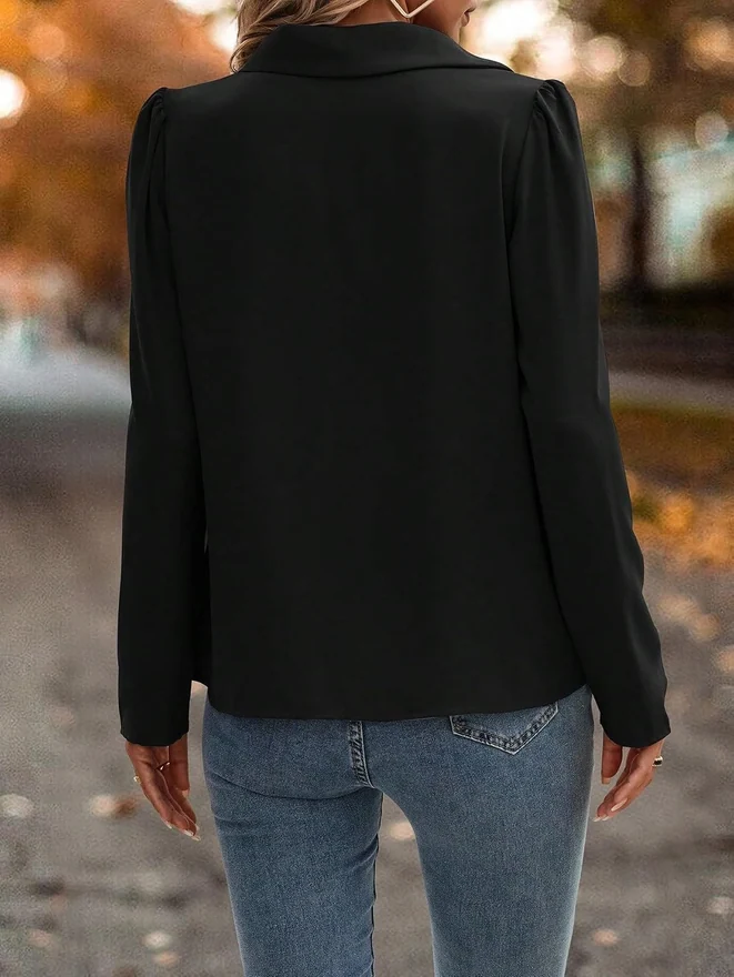Lace Sheer Button Down Puff Blouse Black by OYOANGLE